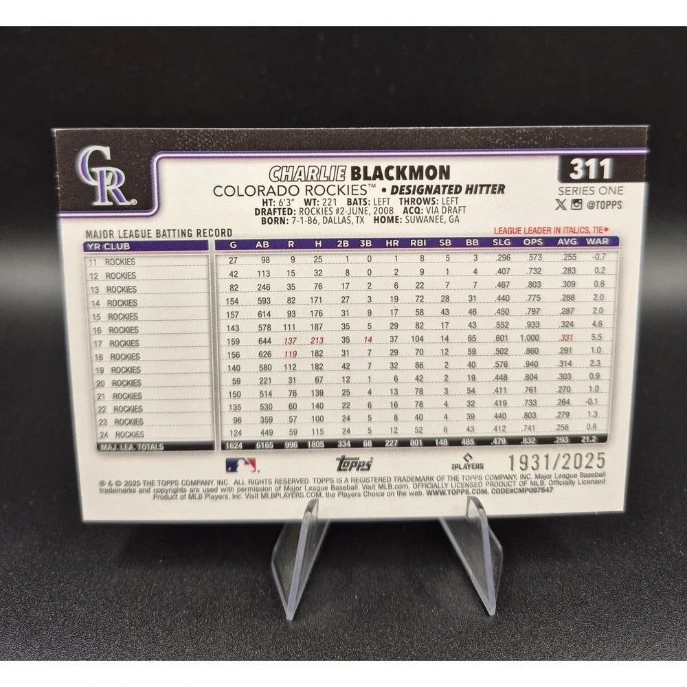 2025 Topps Baseball Charlie Blackmon #311 Gold #/2025 Rockies